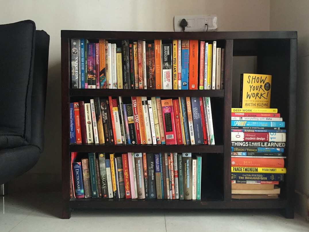 bookshelf with mystery novels