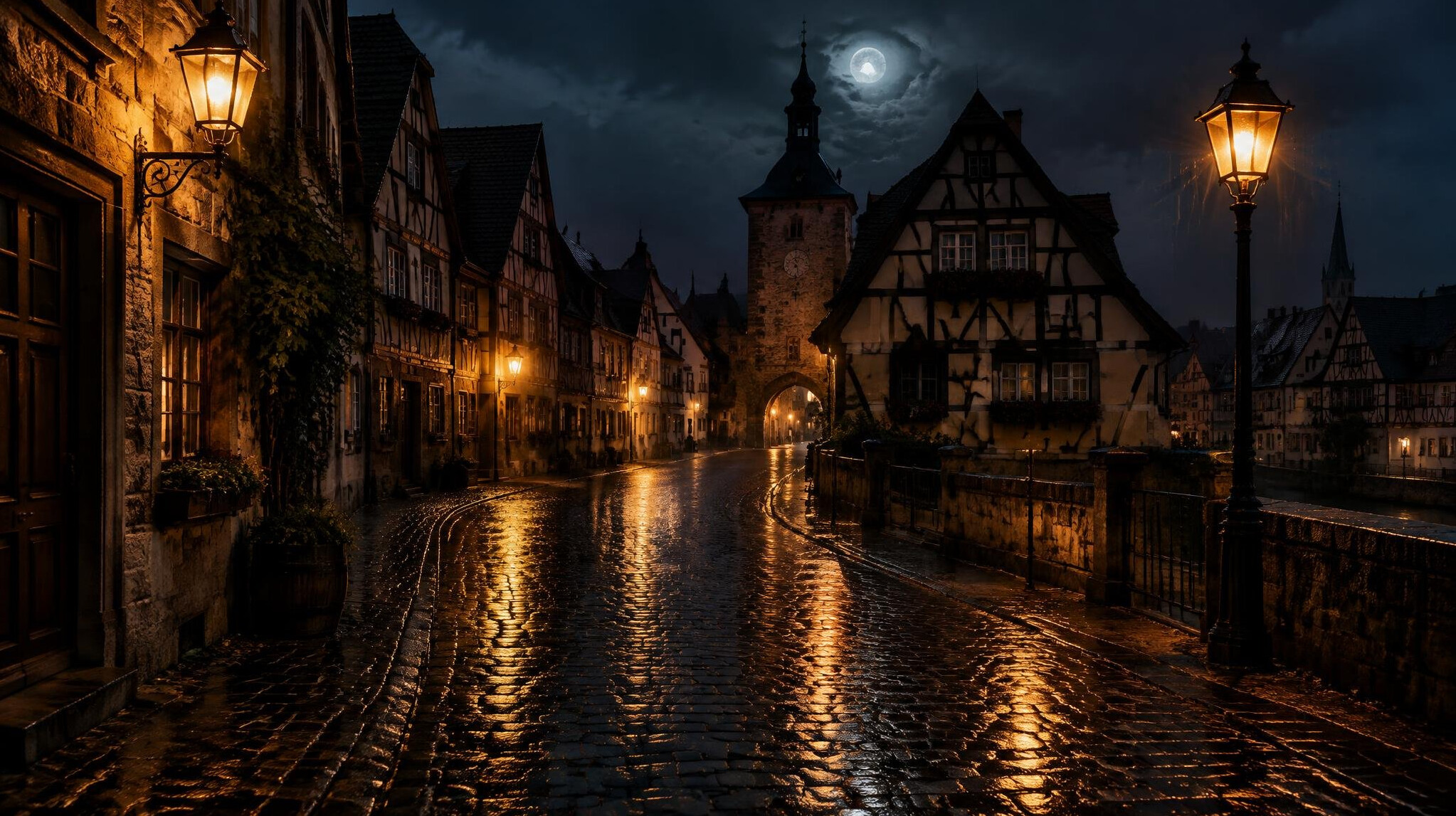 Rainy European city street at night with street lamps