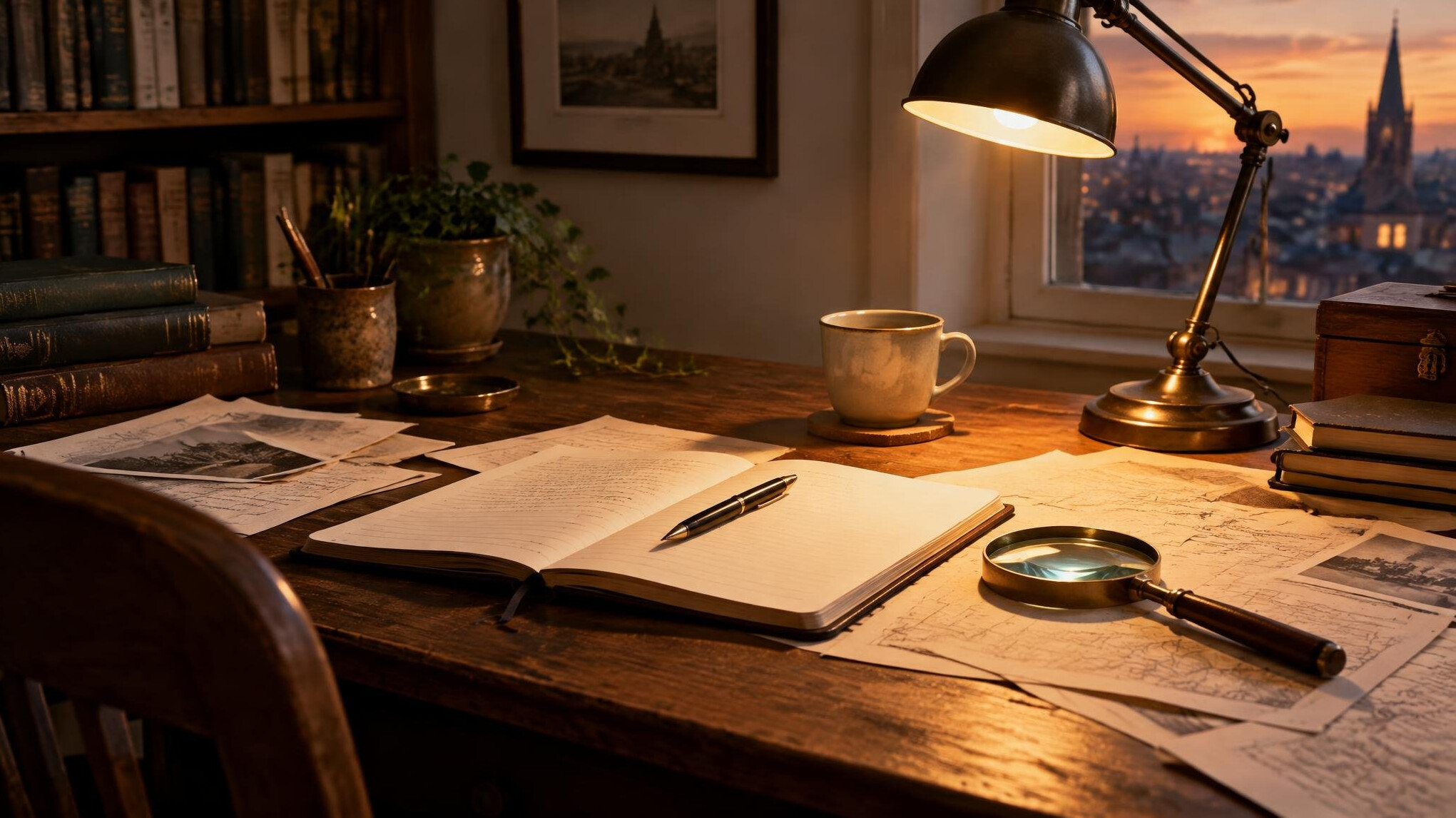 Desk with notebook, lamp and papers in a quiet study